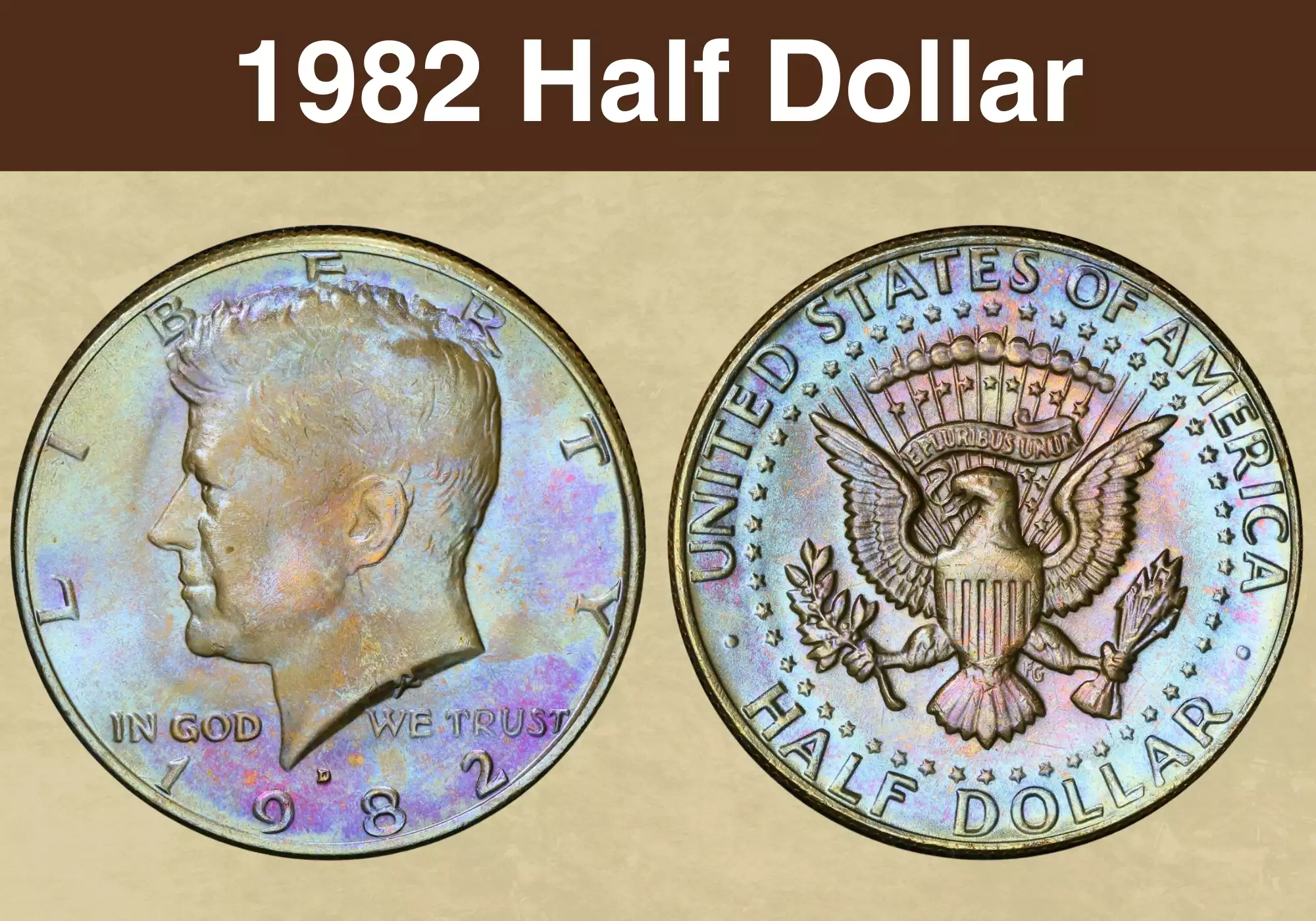 1982-P Kennedy half dollar obverse and reverse showing the coin's full design