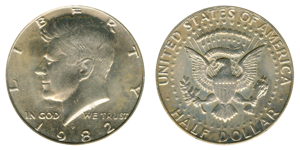 Side-by-side comparison of 1982-P Kennedy half dollar reverse: normal FG initials present (left) vs No FG variety with initials absent (right)