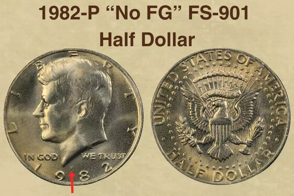 Close-up of 1982-P Kennedy half dollar reverse showing missing FG initials in the No FG variety (FS-901)